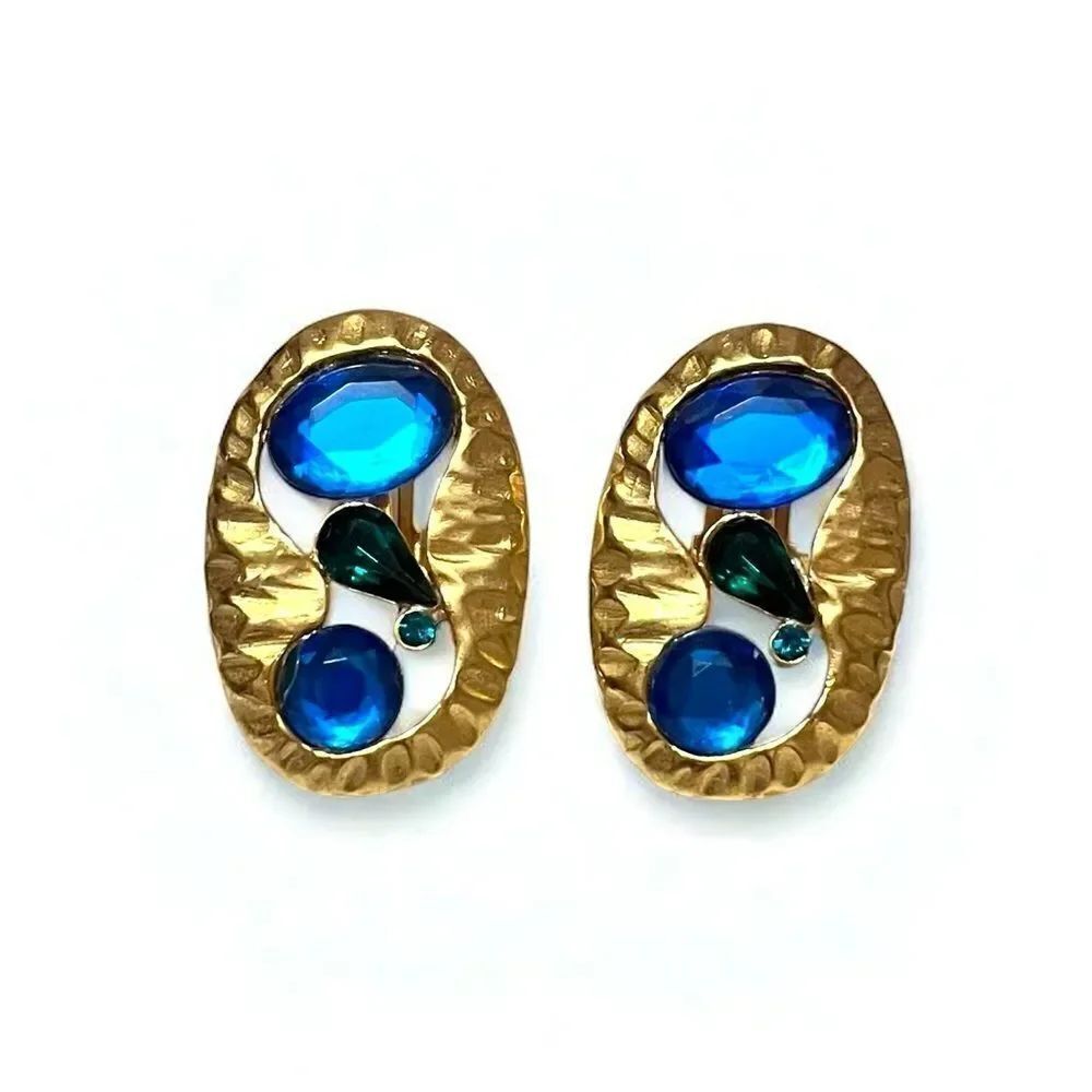 Vintage Hammered Gold Blue Crystal Clip Earrings